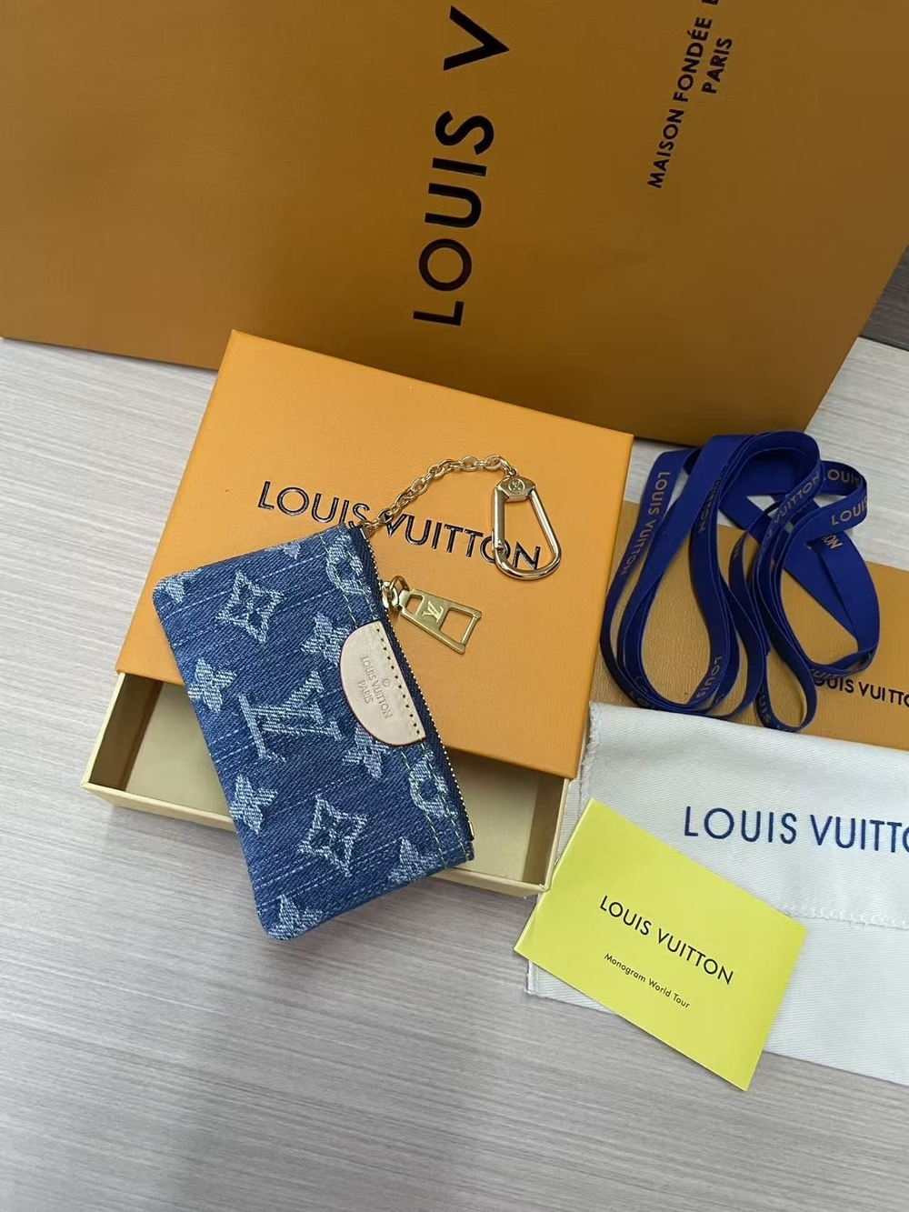 Louis Vuitton Blue Monogram Denim Key & Card Holder with Gold Chain